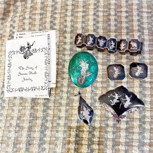 Set of Siam Niello Silver Jewelry 5 pieces (earrings, 2 pins, bracelet, pendant)